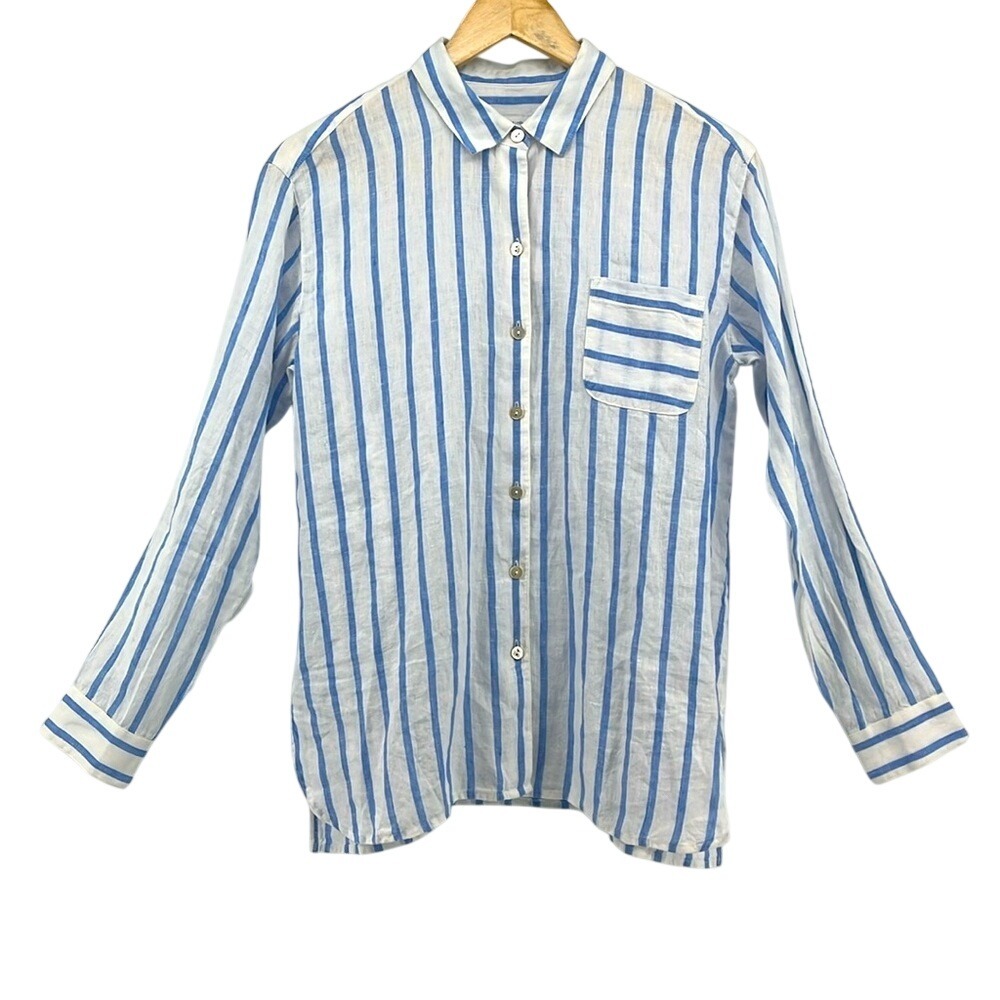 NEW J JILL Love Linen Blue/White Stripe 100% Linen Button Down Shirt Size XS - Picture 3 of 10